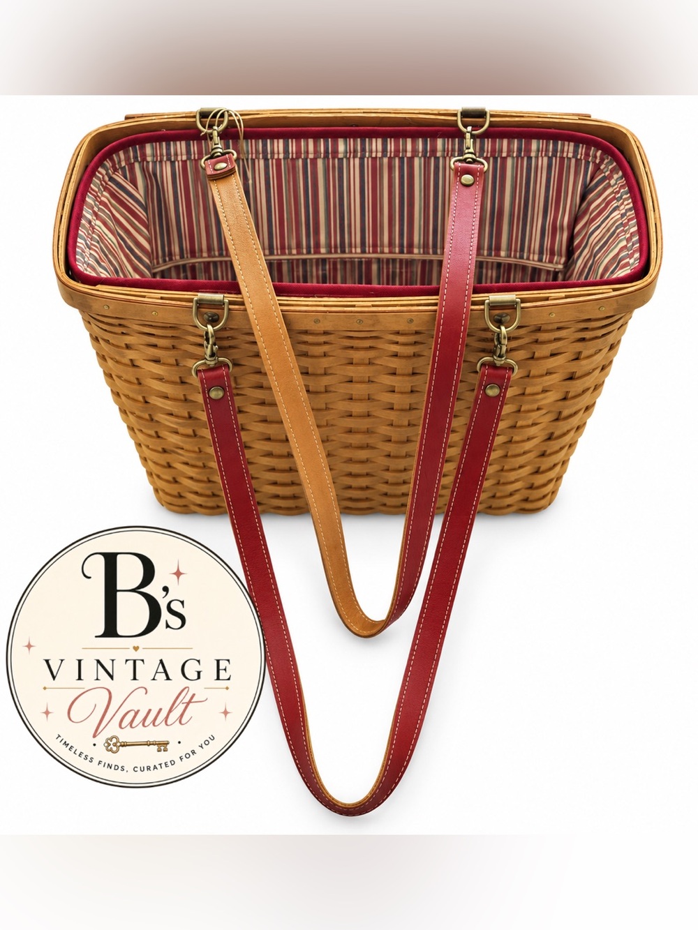 2004 Longaberger Woven Basket Tote with Red and Tan Leather Straps